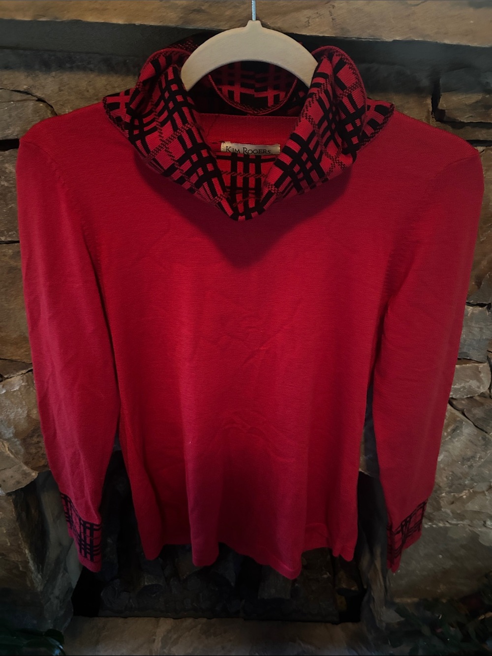 Kim Rogers Red Long-Sleeve Top with Black & Red Patterned Cowl & Cuffs; Size PM